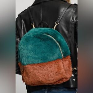 Faux Fur Backpack Teal Brown Travel Boho Vacation School Academia Fuzzy Ruggine